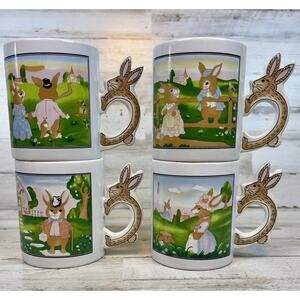 Vintage Peter Rabbit Coffee Mugs Set of 4 Artmark Bunny Handles Beatrix Potter